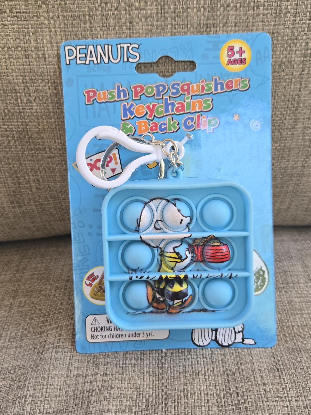 Peanuts Blue Silicone Push Pop Squishers Keychain with White Clip